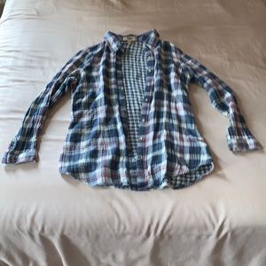 Small Nine West LIGHTWEIGHT plaid button up down turquoise blue teal red yellow